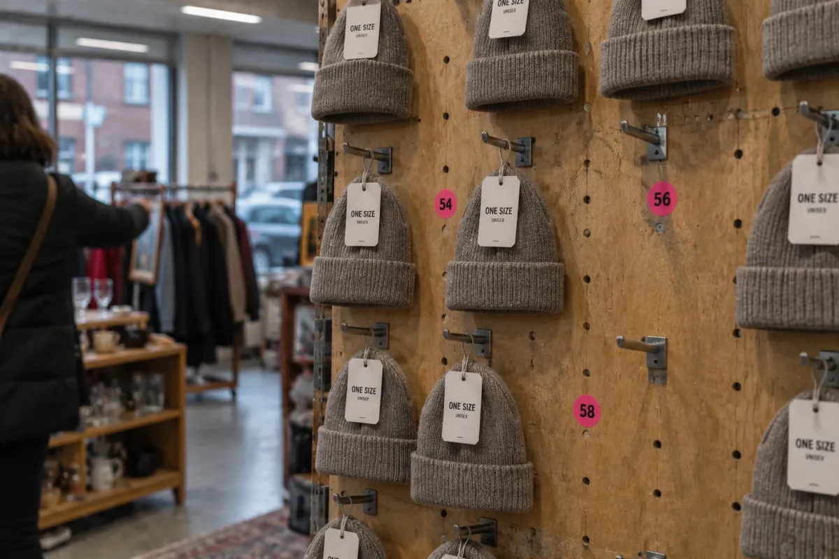 Mutsen met het label ONE SIZE UNISEX aan een pegboard in een kringloopwinkel, met drie lege haken en roze maatstickers 54, 56 en 58